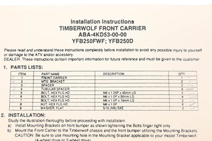 New OEM Yamaha ABA-4KD53-00-00 Timberwolf Front Carrier Kit NOS