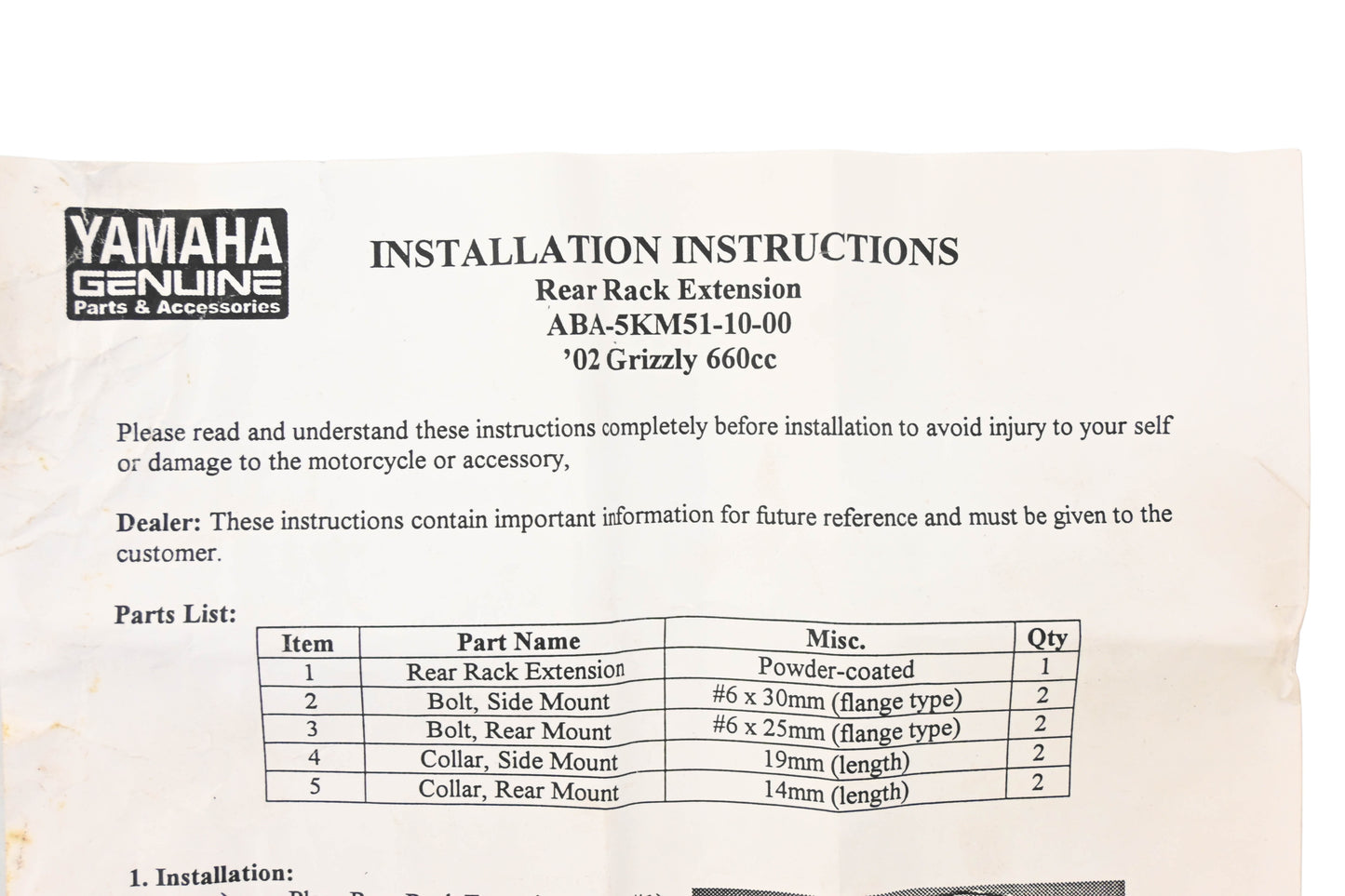 New OEM Yamaha ABA-5KM51-10-00, ABA5KM511000 2002 Grizzly 660cc Rear Rack Extension Kit NOS