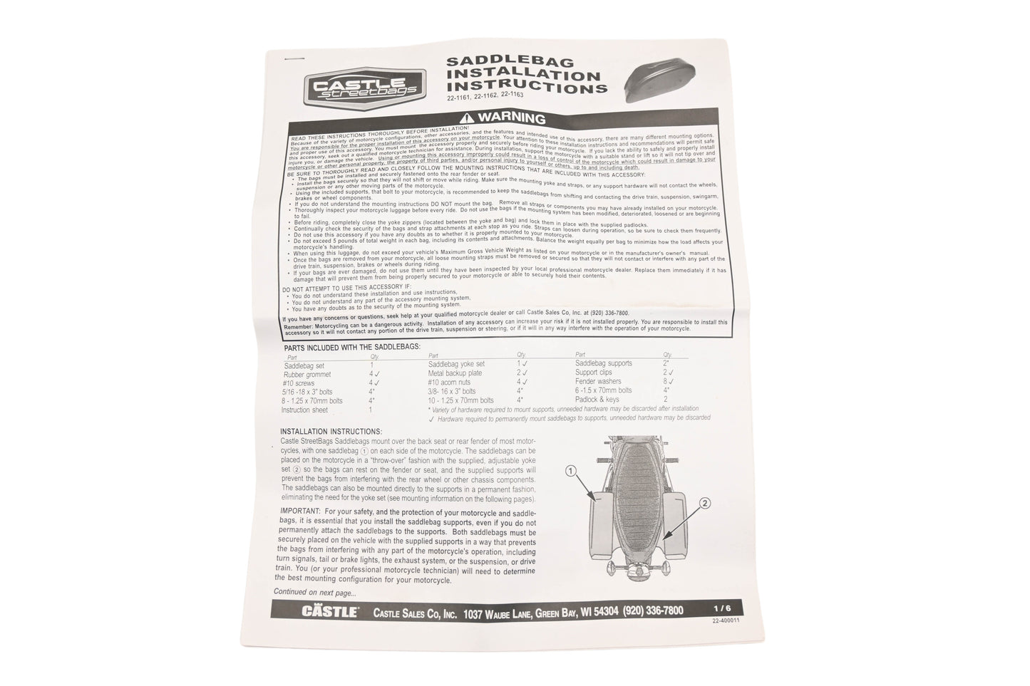 Castle 22-0101 Saddlebag Support Bracket Kit NOS