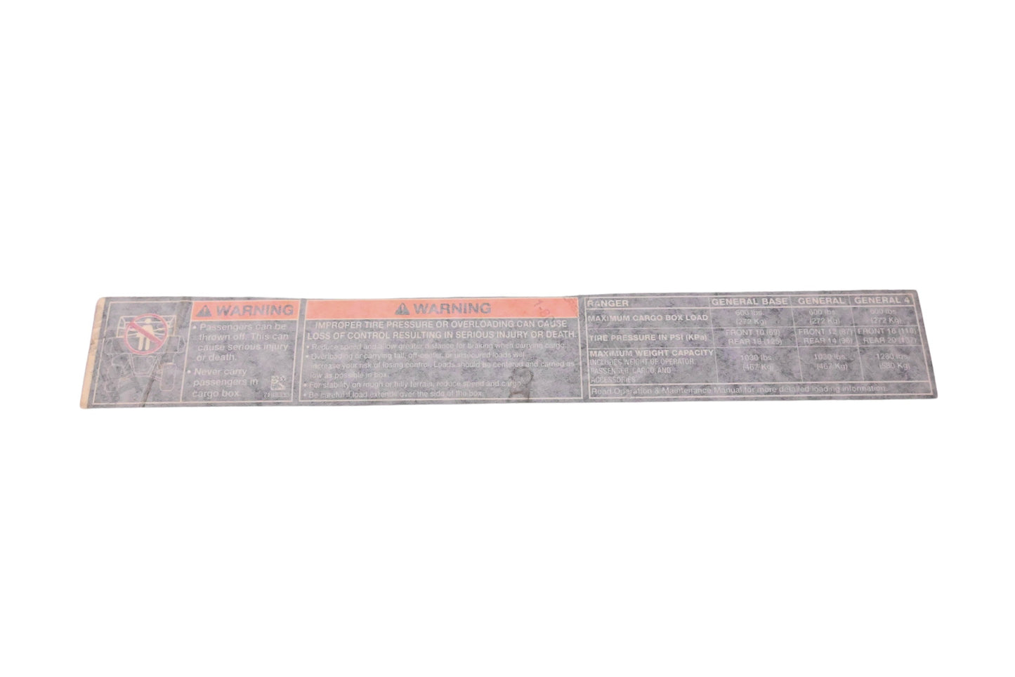 New OEM Polaris 7188333 Tire Pressure Warning Information Decal NOS