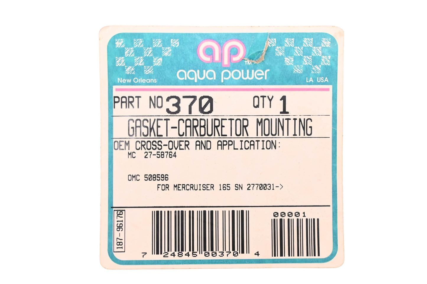 Aqua Power AP-370, 508596 Carburetor Mounting Gasket NOS