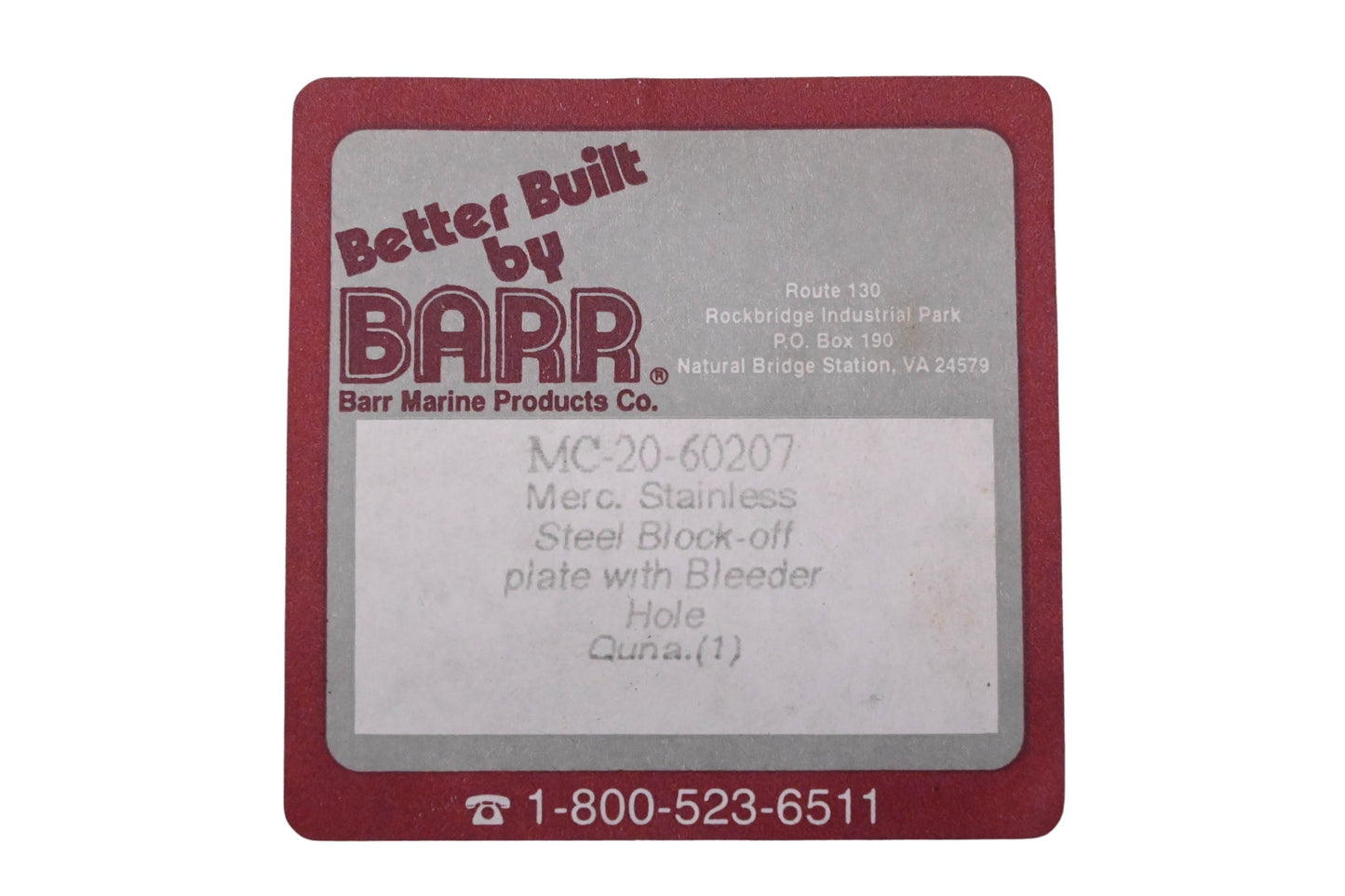 Barr Marine 20-60207 Block Off Plate NOS