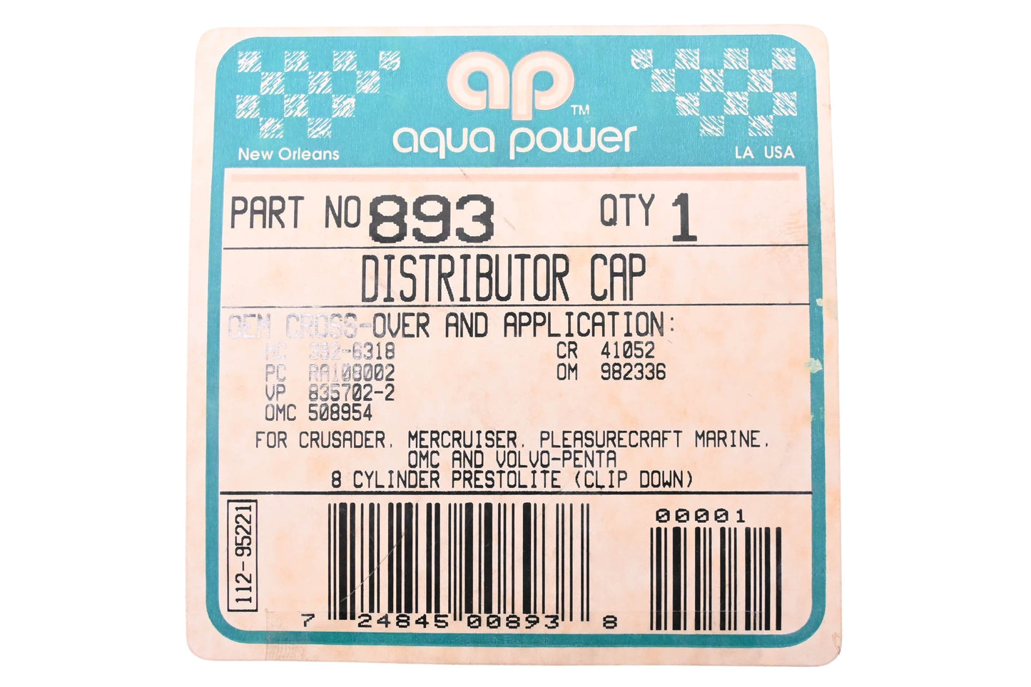 Aqua Power 893, 508954 Distributor Cap Kit NOS