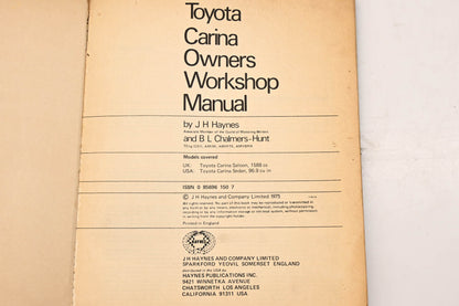 Haynes ISBN 0 85696 150 7, 150 71-74 Toyota Carina Owners Workshop Manual