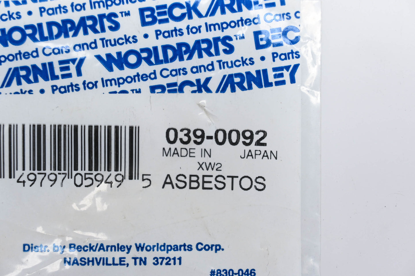 Beck/Arnley 039-0092 Thermostat Gasket NOS