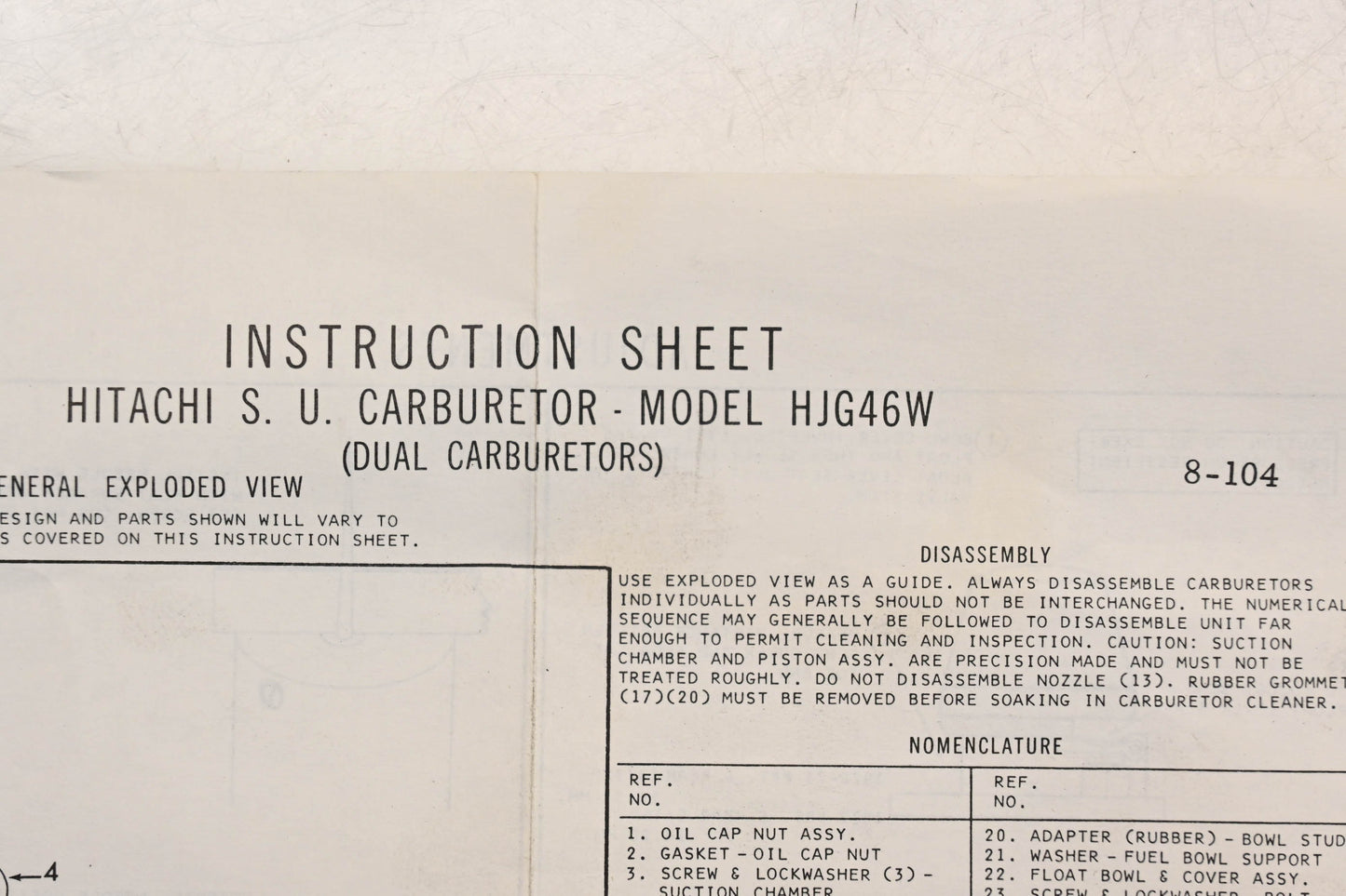 Hitatchi HJG46W S.U. Carburetor Repair Kit NOS
