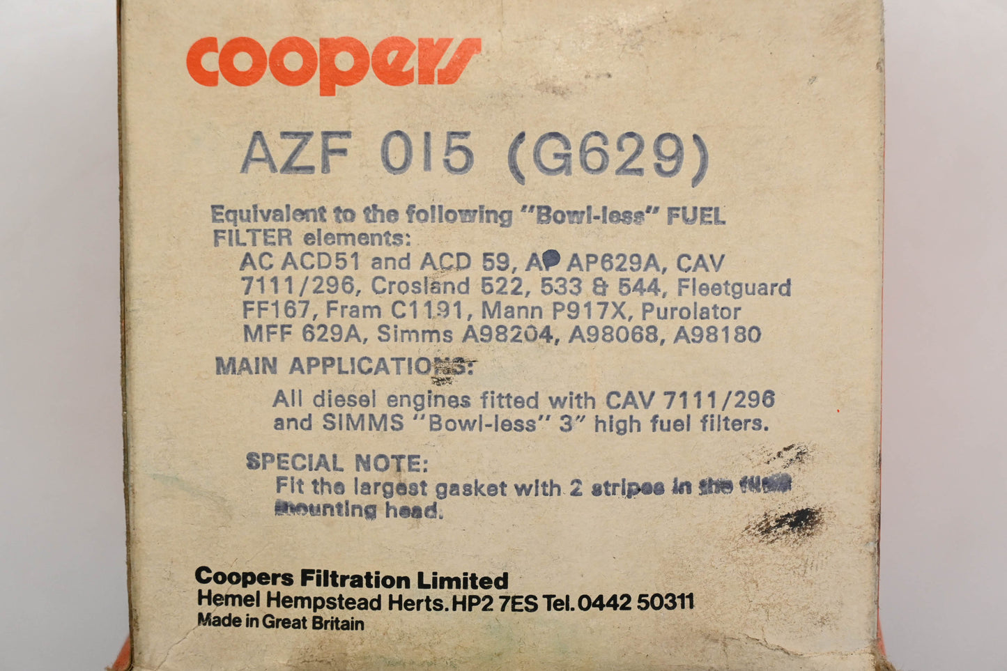 Cooper AZF015, G629 Diesel Fuel Filter Kit NOS
