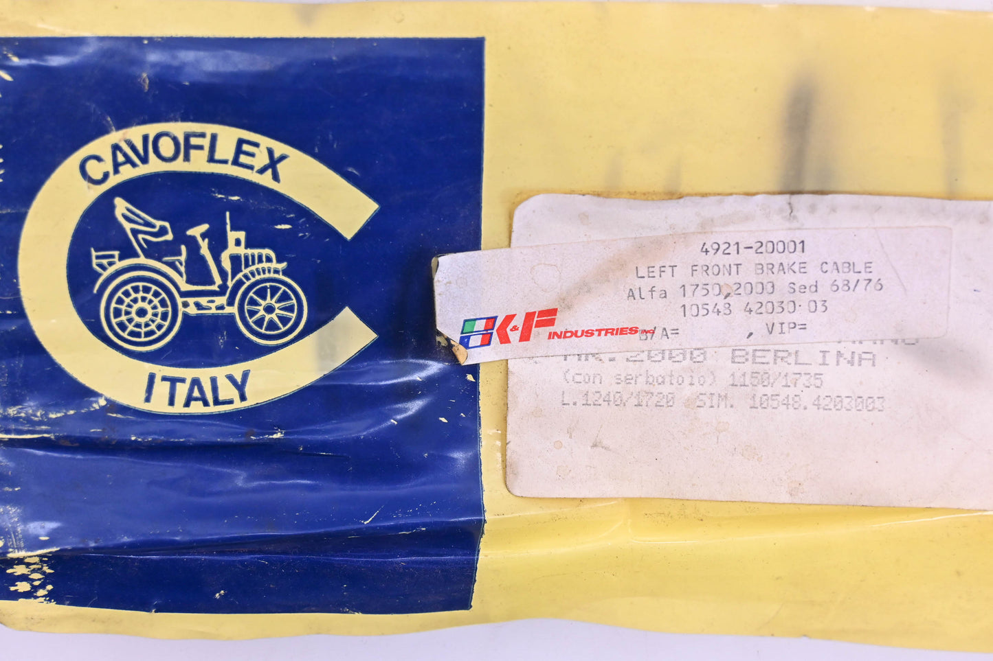 Cavoflex 4921-20001, 1750 2000, 10543 42030 03 K&F Industries Alfa Romeo Brake Cable Assembly NOS