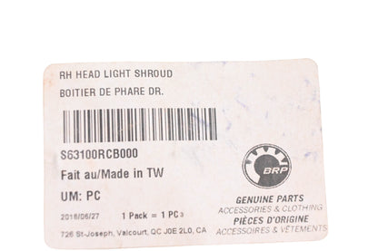 Aftermarket S63100RCB000 Right Hand Head Light Shroud NOS