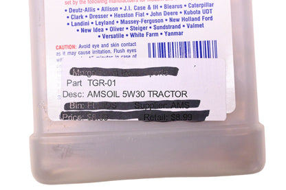 AMSOil SAE 5W-30, TGR-01 Tractor Hydraulic Transmission Oil 1 Quart Bottle NOS