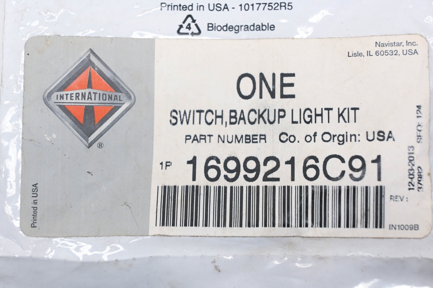 International 1699216C91 Backup Light Switch Kit NOS