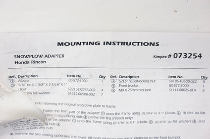 Kimpex 073254 Honda Rincon Snowplow Adapter Kit NOS