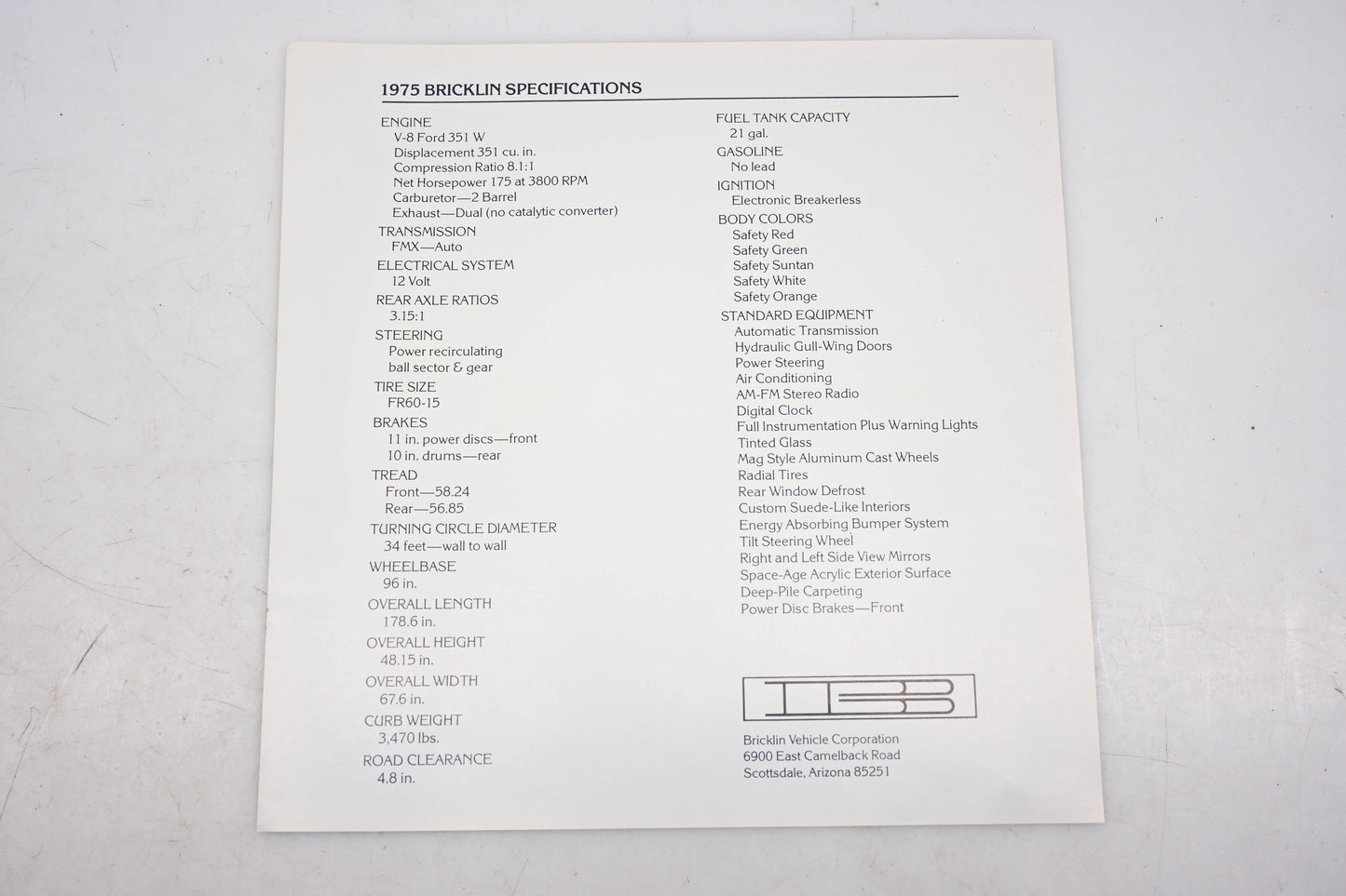 Bricklin DK026-35 1975 Safety Car SV-1 Sales Catalog Brochure NOS