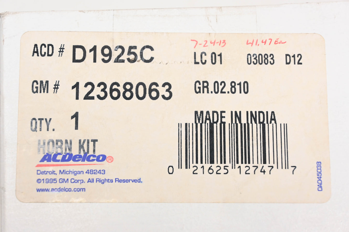 AC Delco D1925C, 12368063 Horn Replacement Kit NOS