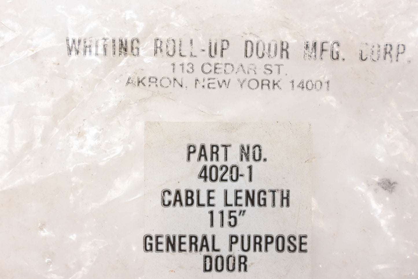 Whiting 4020-1 Roll-Up Door 1/2" Eyelet 115" Cable NOS
