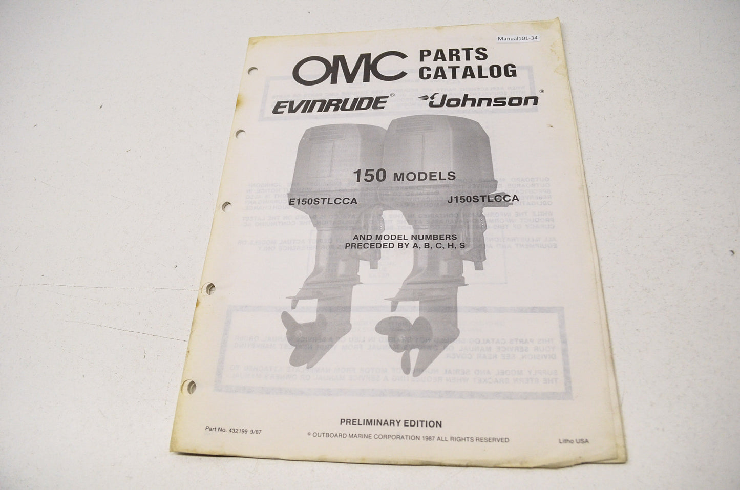 New OEM OMC Parts Catalog 150 Models E150STLCCA & J150STLCCA NOS