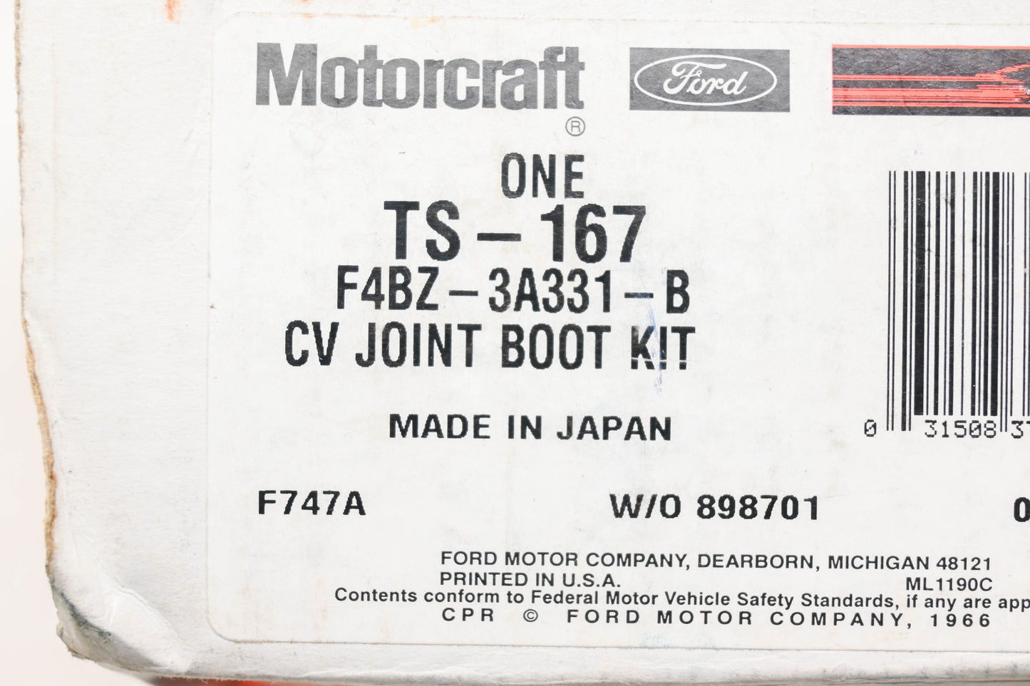 New OEM Motorcraft TS-167, F4BZ-3A331-B CV Joint Boot Kit NOS