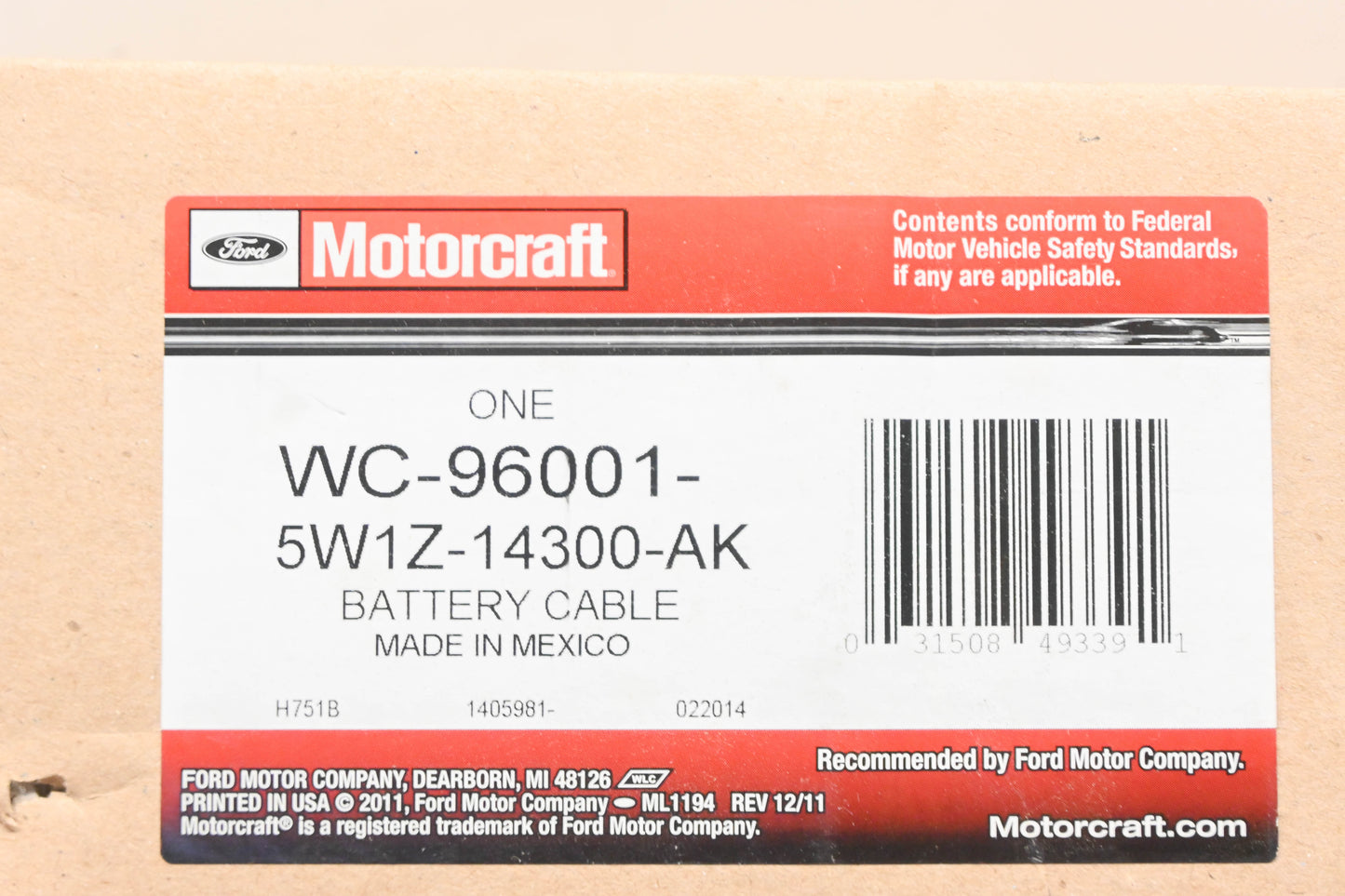 New OEM Motorcraft WC-96001, 5W1Z-14300-AK Battery Cable NOS