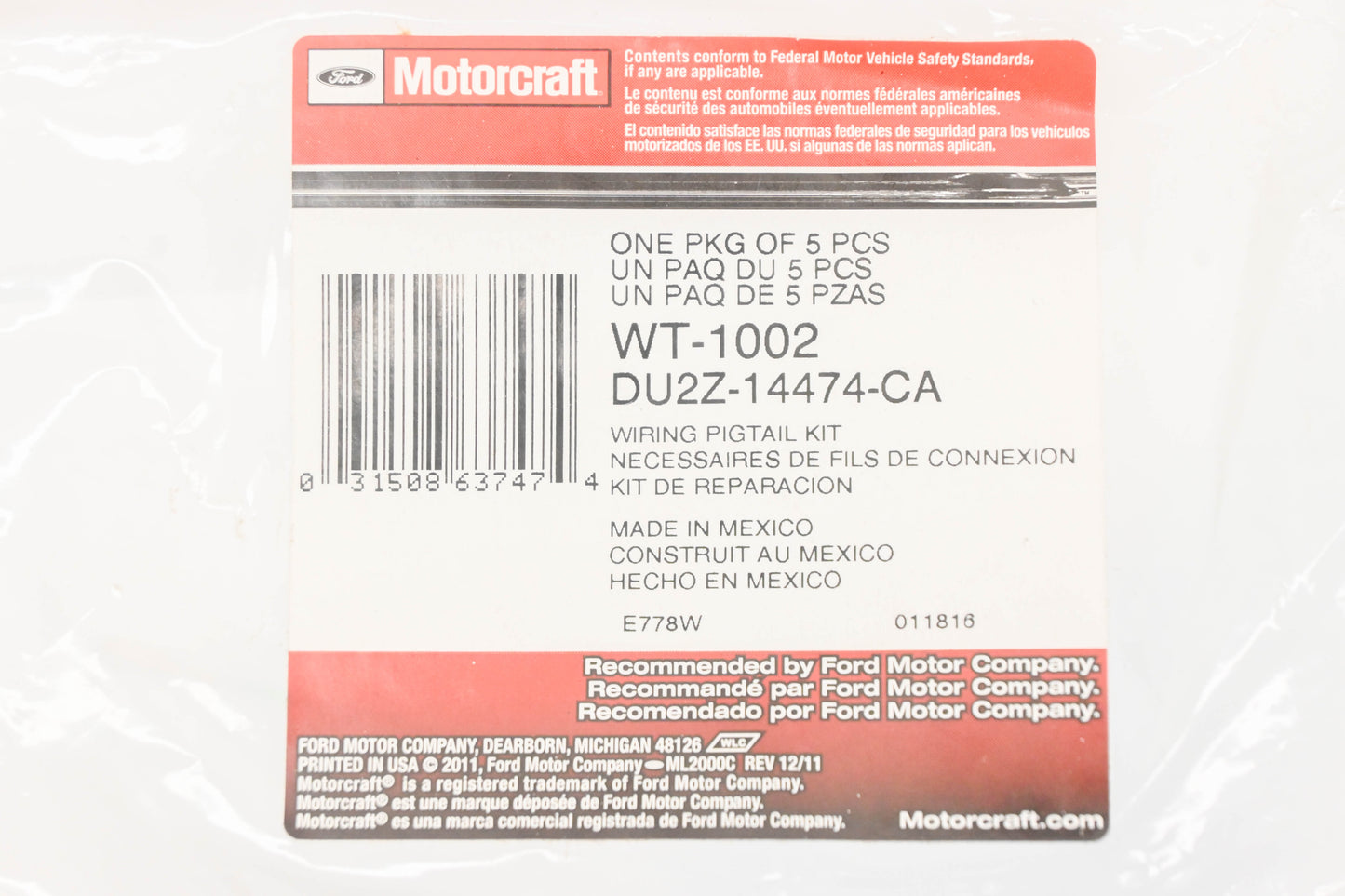 New OEM Motorcraft WT-1002, DU2Z-14474-CA, WT1002 Fuel Pump Wiring Pigtail Kit NOS