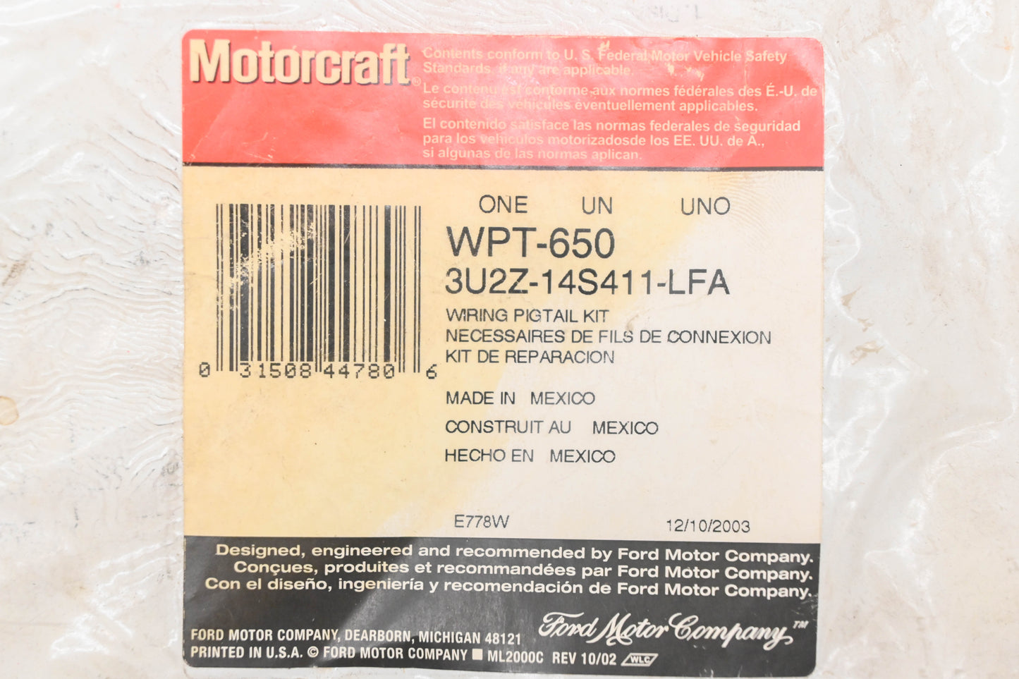 New OEM Motorcraft WPT-650, 3U2Z-14S411-LFA, WPT650 Pigtail Wiring Kit NOS
