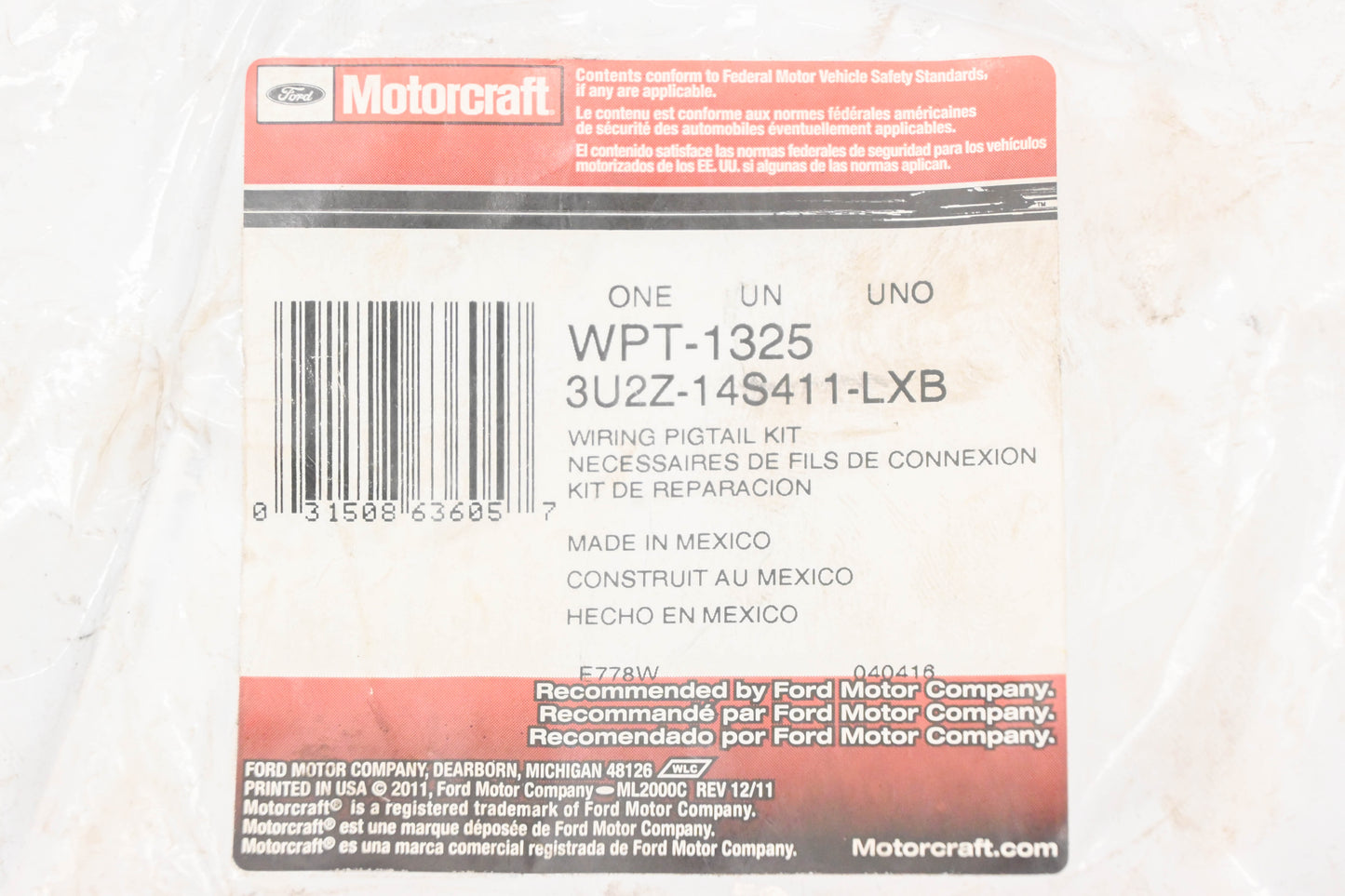 New OEM Motorcraft WPT-1325, 3U2Z-14S411-LXB, WPT1325 Switch Wiring Pigtail Kit NOS