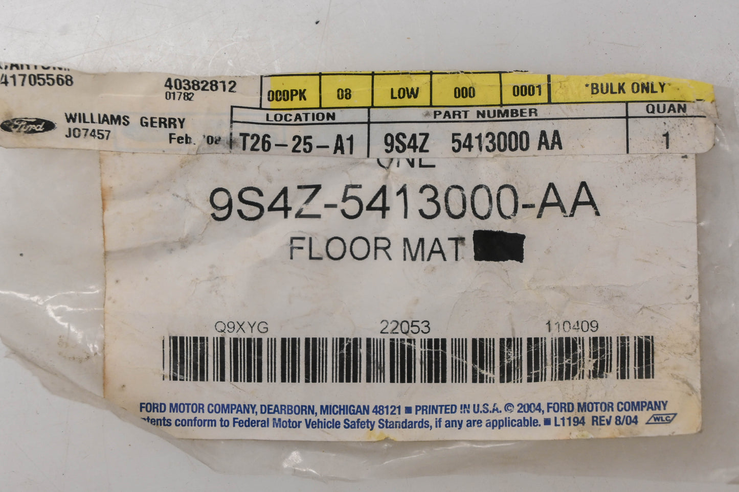 New OEM Ford 9S4Z-5413000-A Charcoal Black Interior Carpet Floor Mat NOS