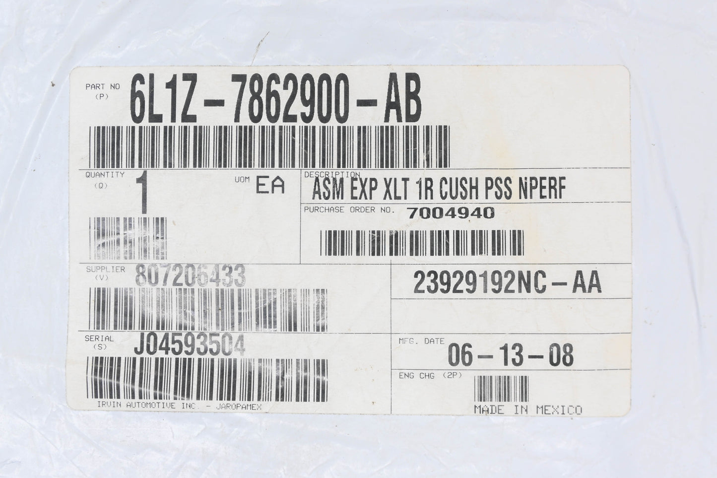 New OEM Ford 6L1Z-7862900-AB Front Right Seat Cushion Cover NOS