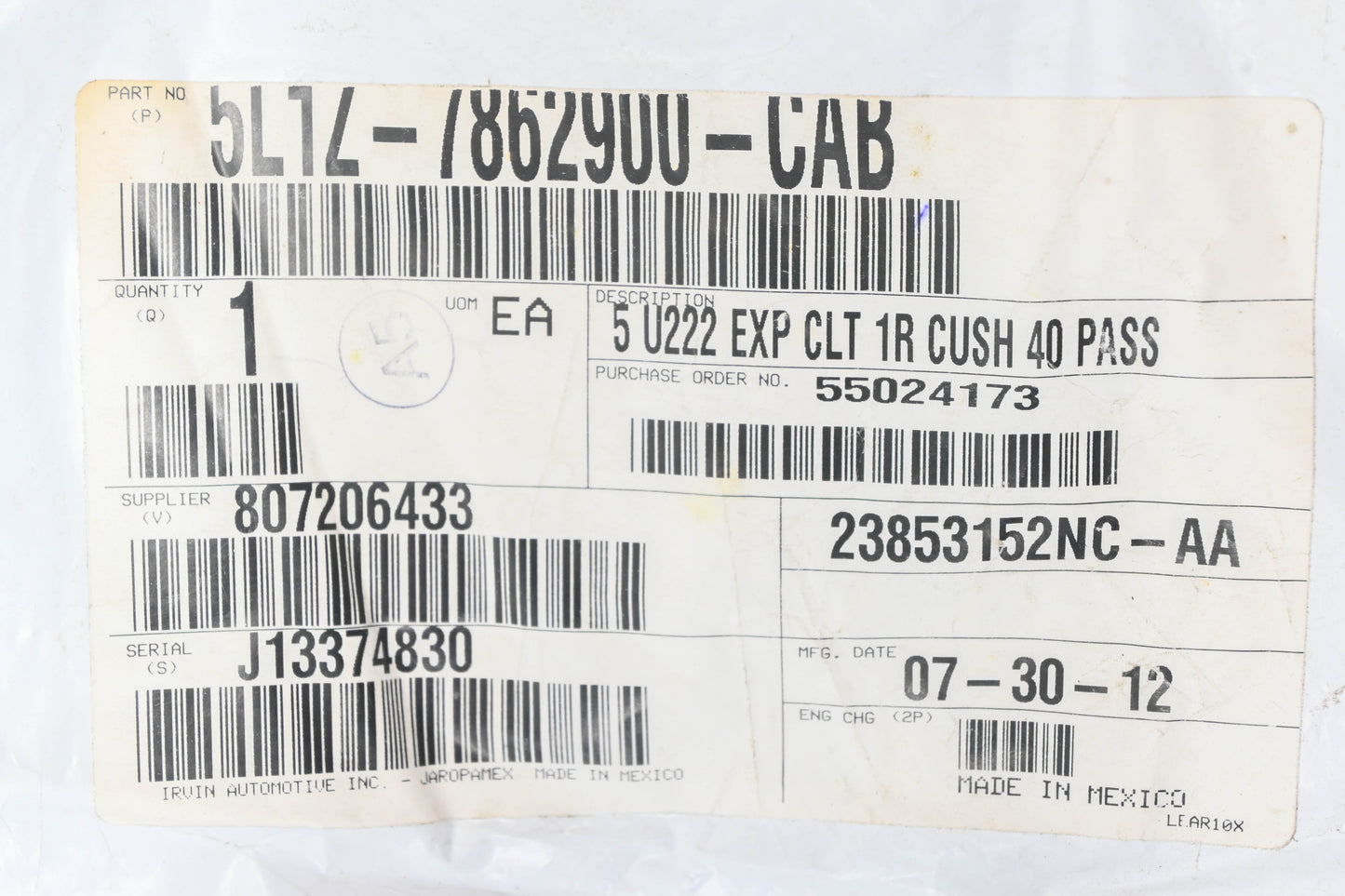 New OEM Ford 5L1Z-7862900-CAB Front Right Seat Cushion Cover NOS
