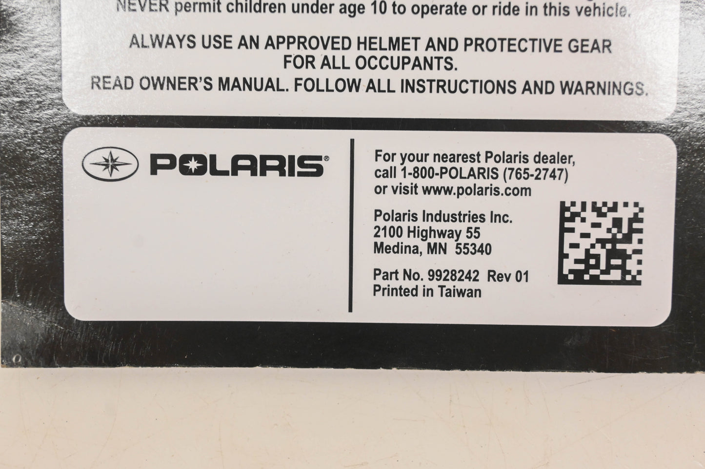 OEM Polaris 9928242 2018 RZR170 Owner's Manual