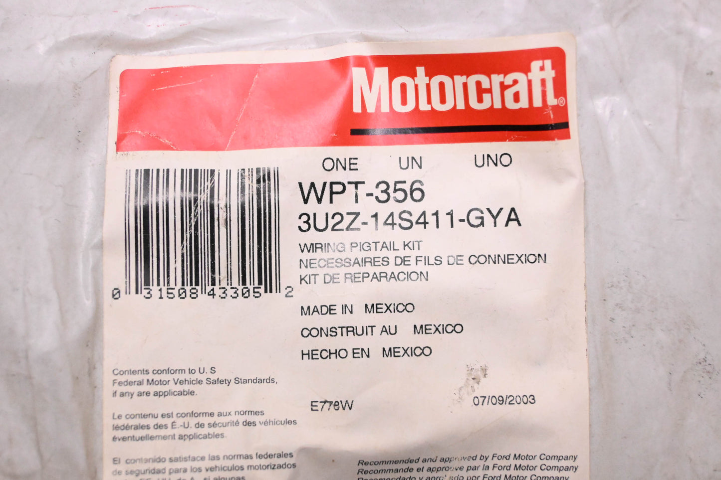 New OEM Motorcraft WPT-356, 3U2Z-14S411-GYA Courtesy Light Connector Wiring Kit NOS