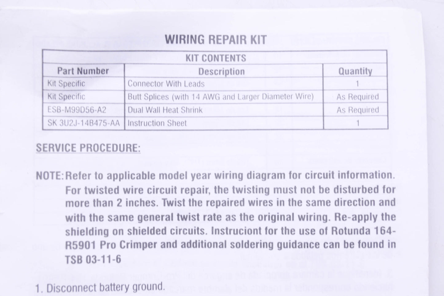 New OEM Ford WPT-312, 3U2Z-14S411-EEA Wiring Repair Kit NOS