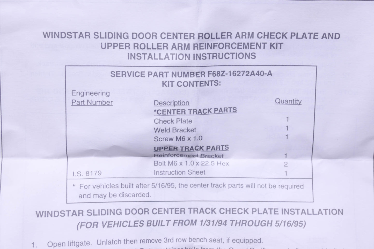 New OEM Ford F68Z-16272A40-A Sliding Door Roller Arm Kit NOS