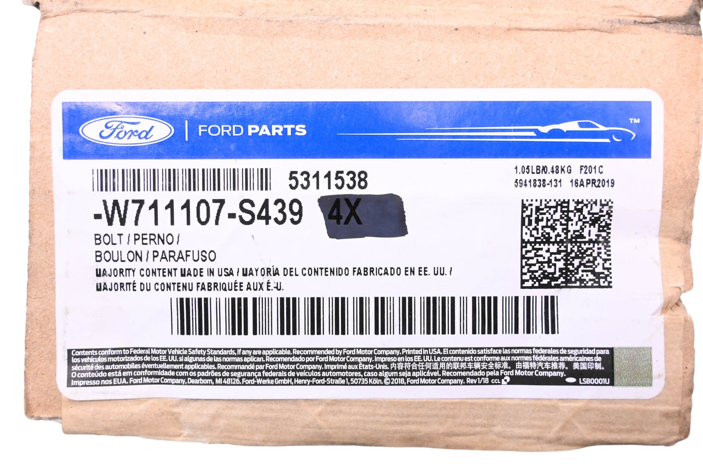 New OEM Ford W711107-S439, 5311538 Lower Control Arm Mount Bolt NOS