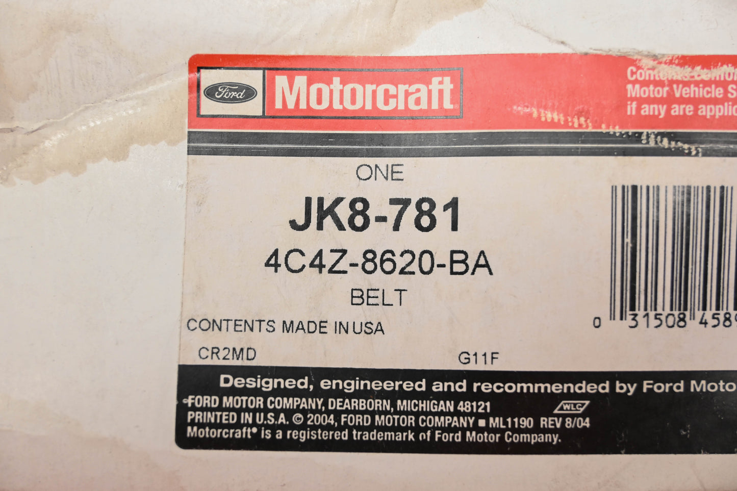 New OEM Motorcraft JK8-781, 4C4Z-8620-BA Serpentine Belt NOS