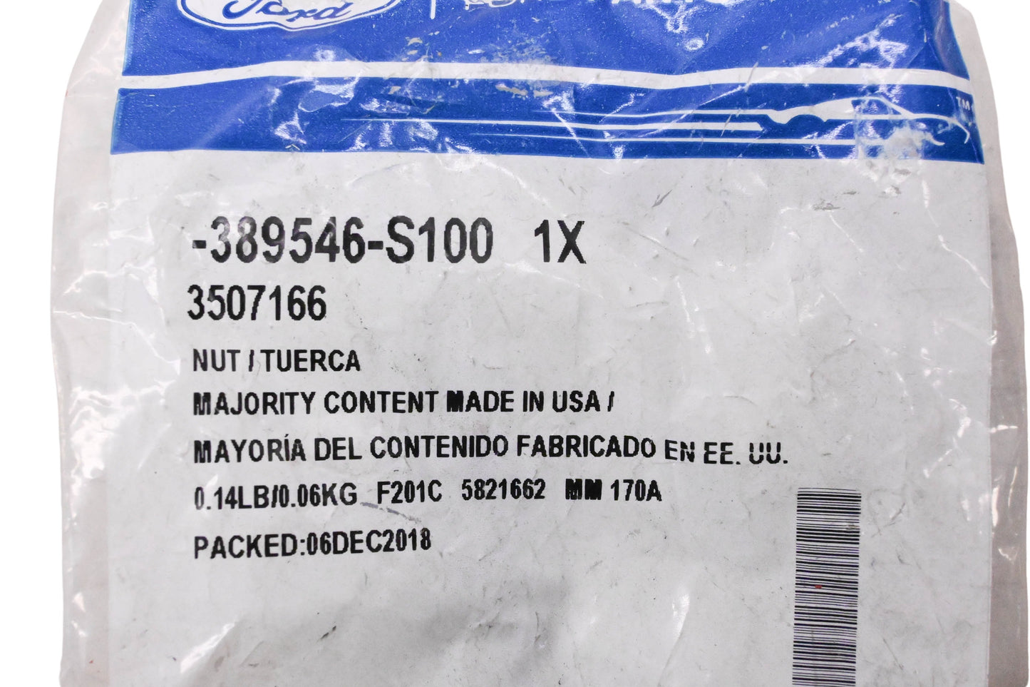 New OEM Ford 389546-S100, 3507166 Flanged Nut NOS