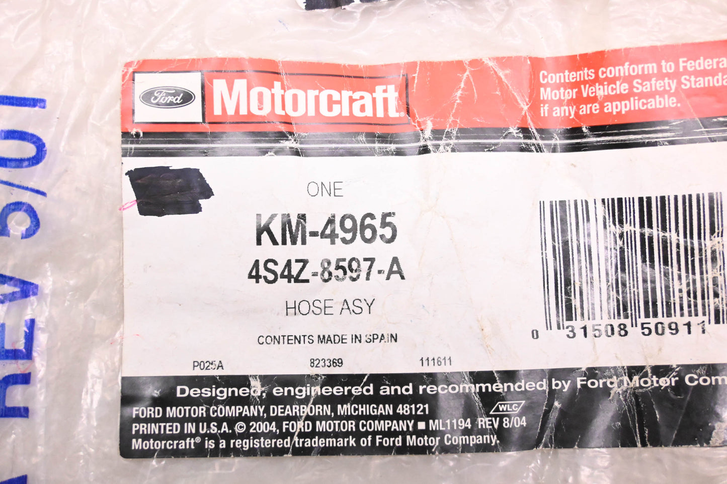 New OEM Motorcraft KM-4965, 4S4Z-8597-A Engine Coolant Bypass Hose NOS
