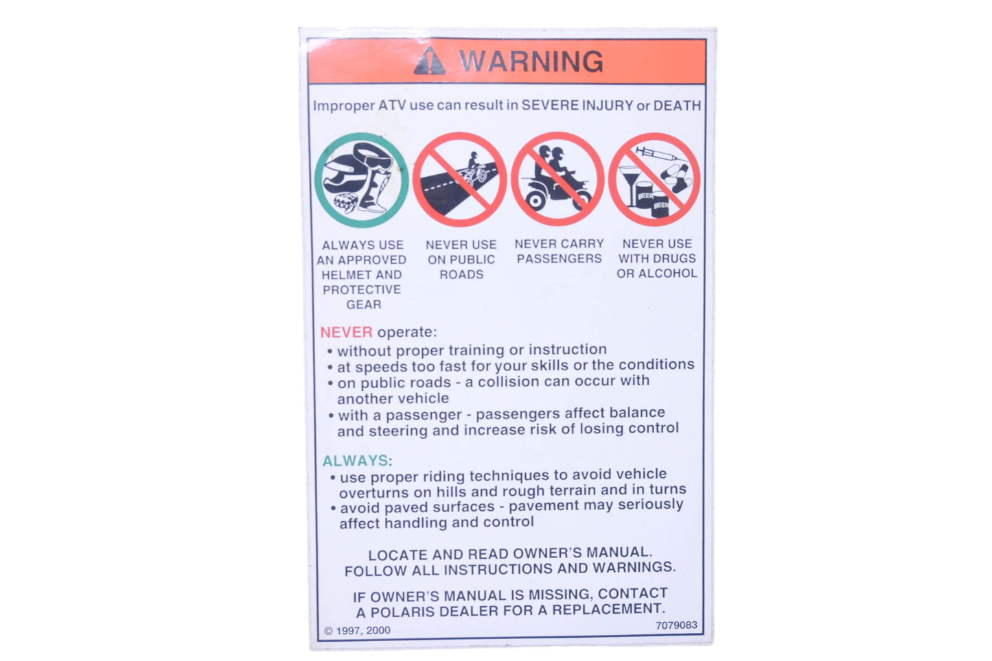 New OEM Polaris 7079083 Warning Decal NOS