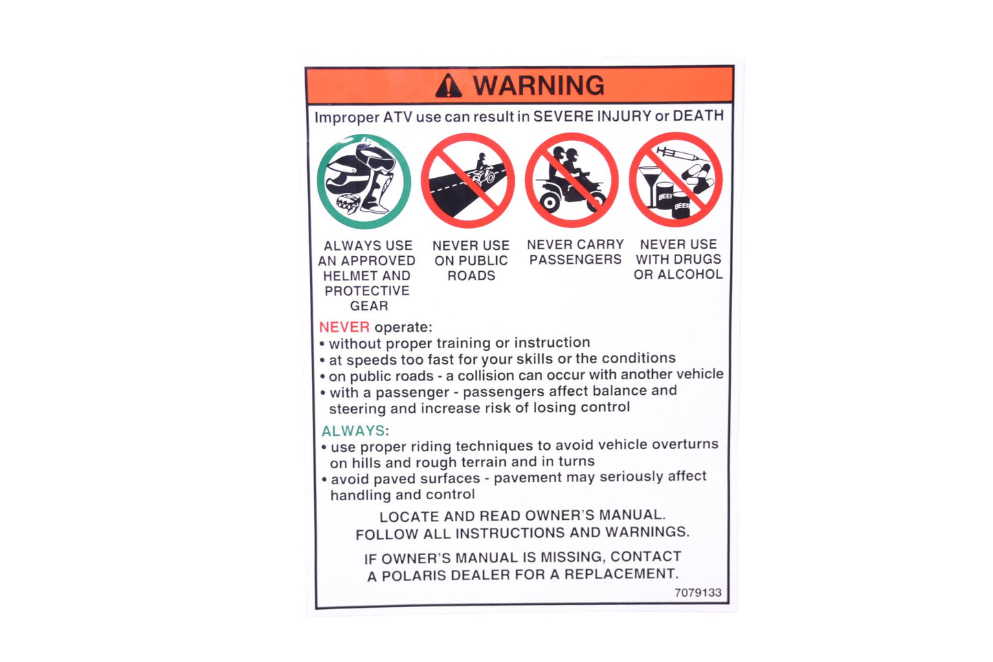 New OEM Polaris 7079133 Warning Decal NOS