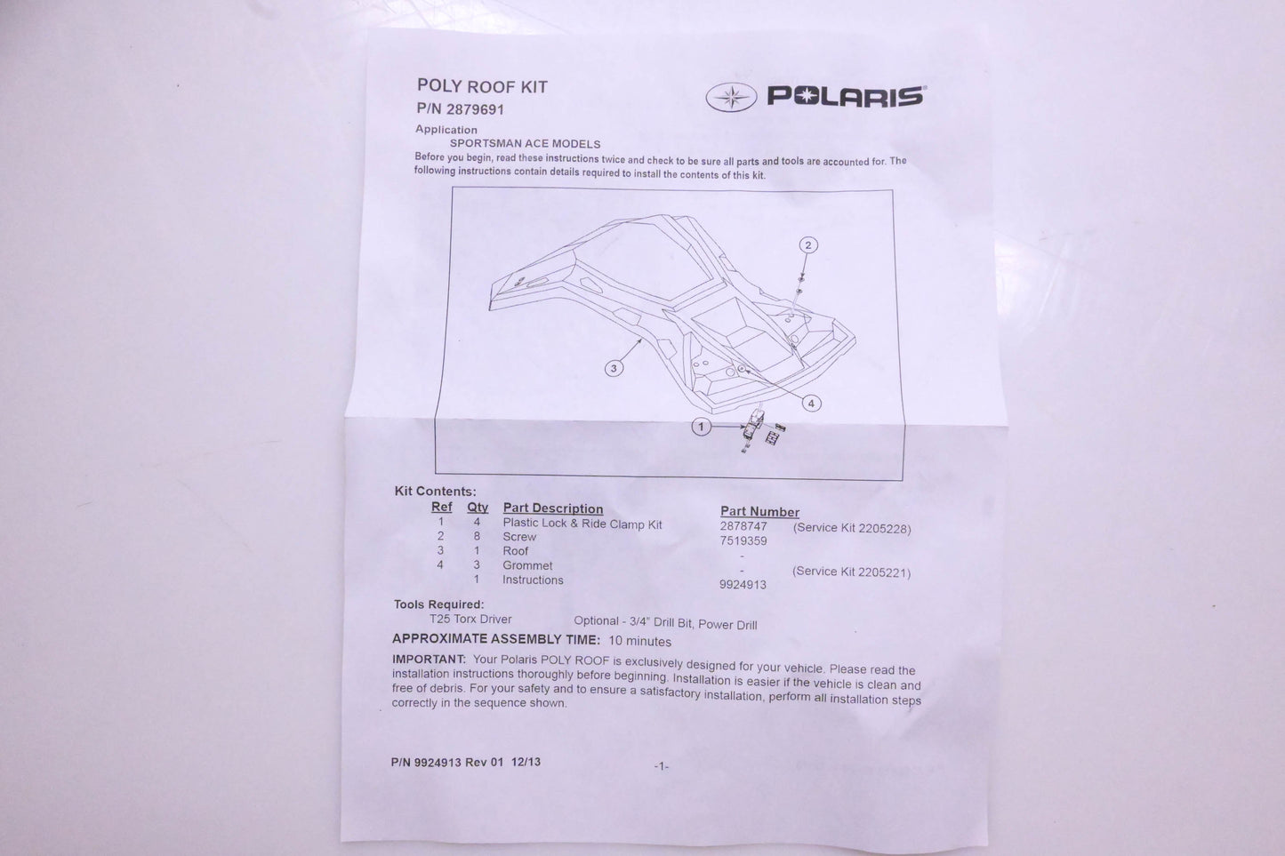New OEM Polaris 2879691 Black Poly Sportsman Ace Roof Kit NOS