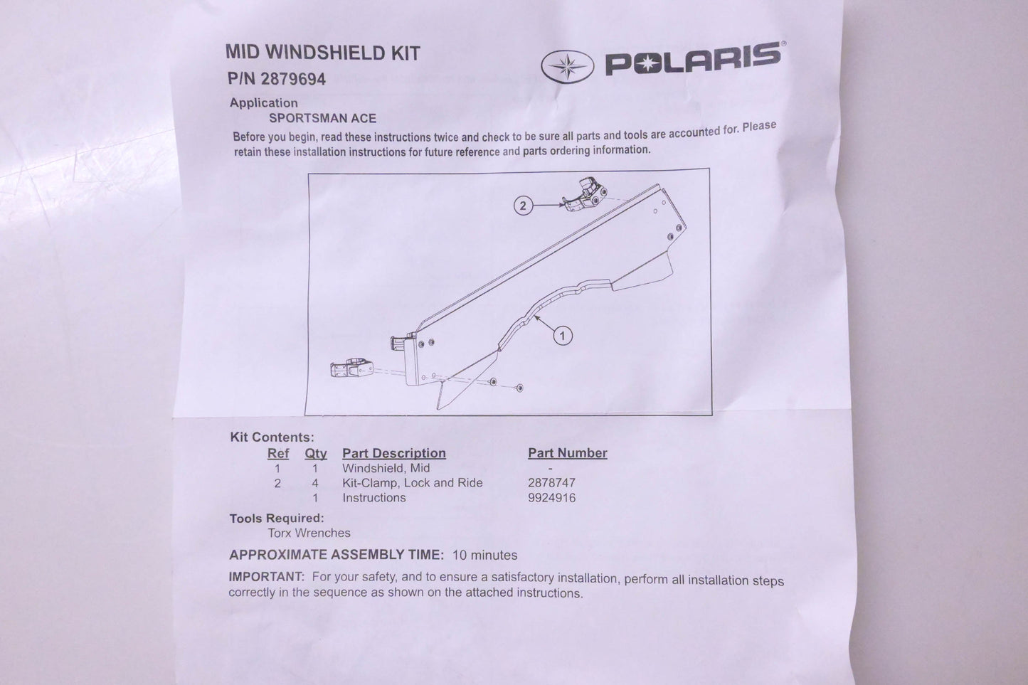 New OEM Polaris 2879694 Mid Windshield Kit NOS