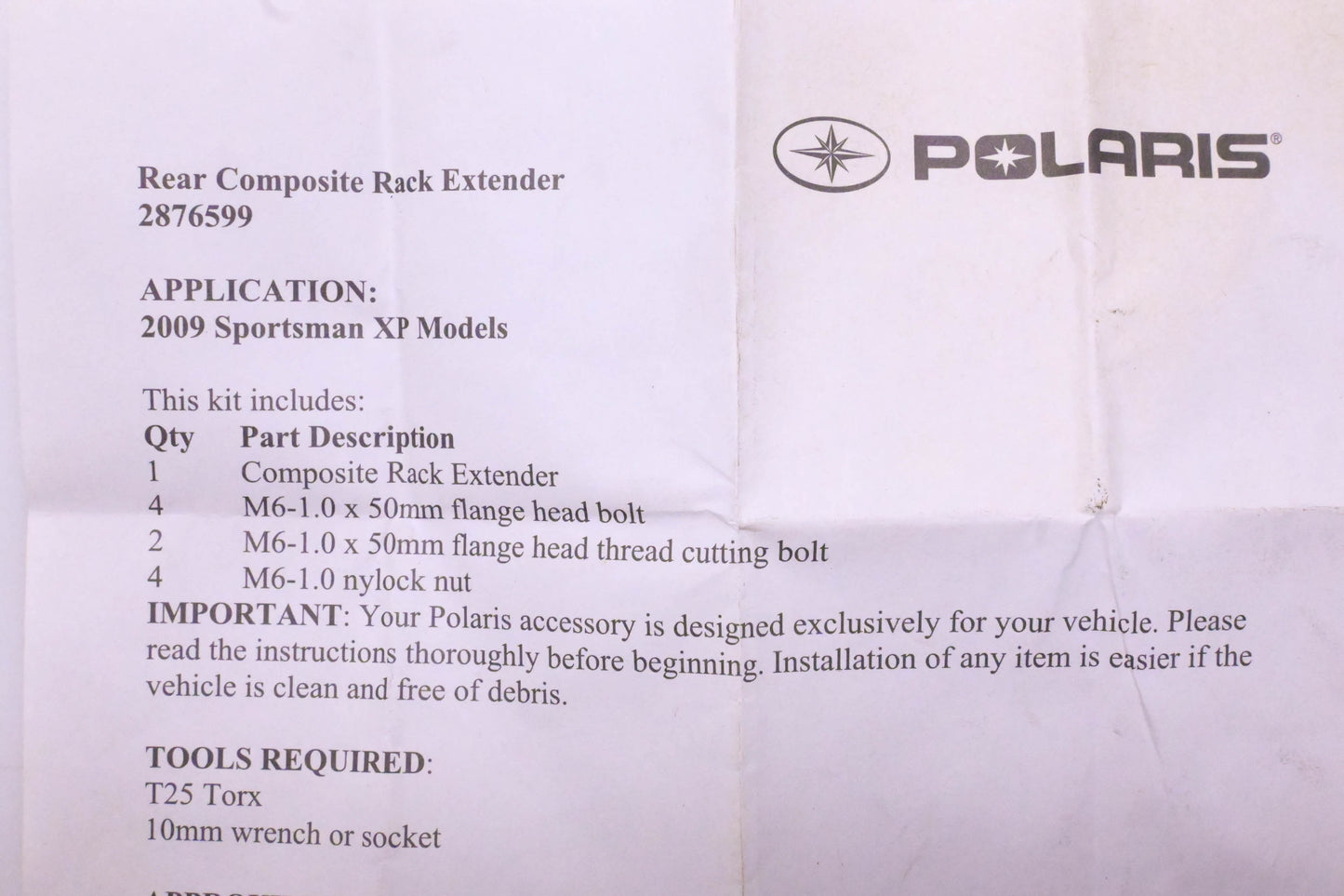 New OEM Polaris 2876599 Rear Composite Rack Extender Hardware NOS