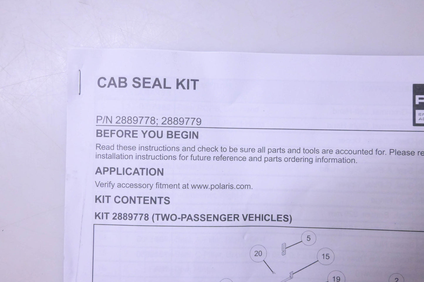 New OEM Polaris 2889778, 2889779 Cab Seal Kit NOS