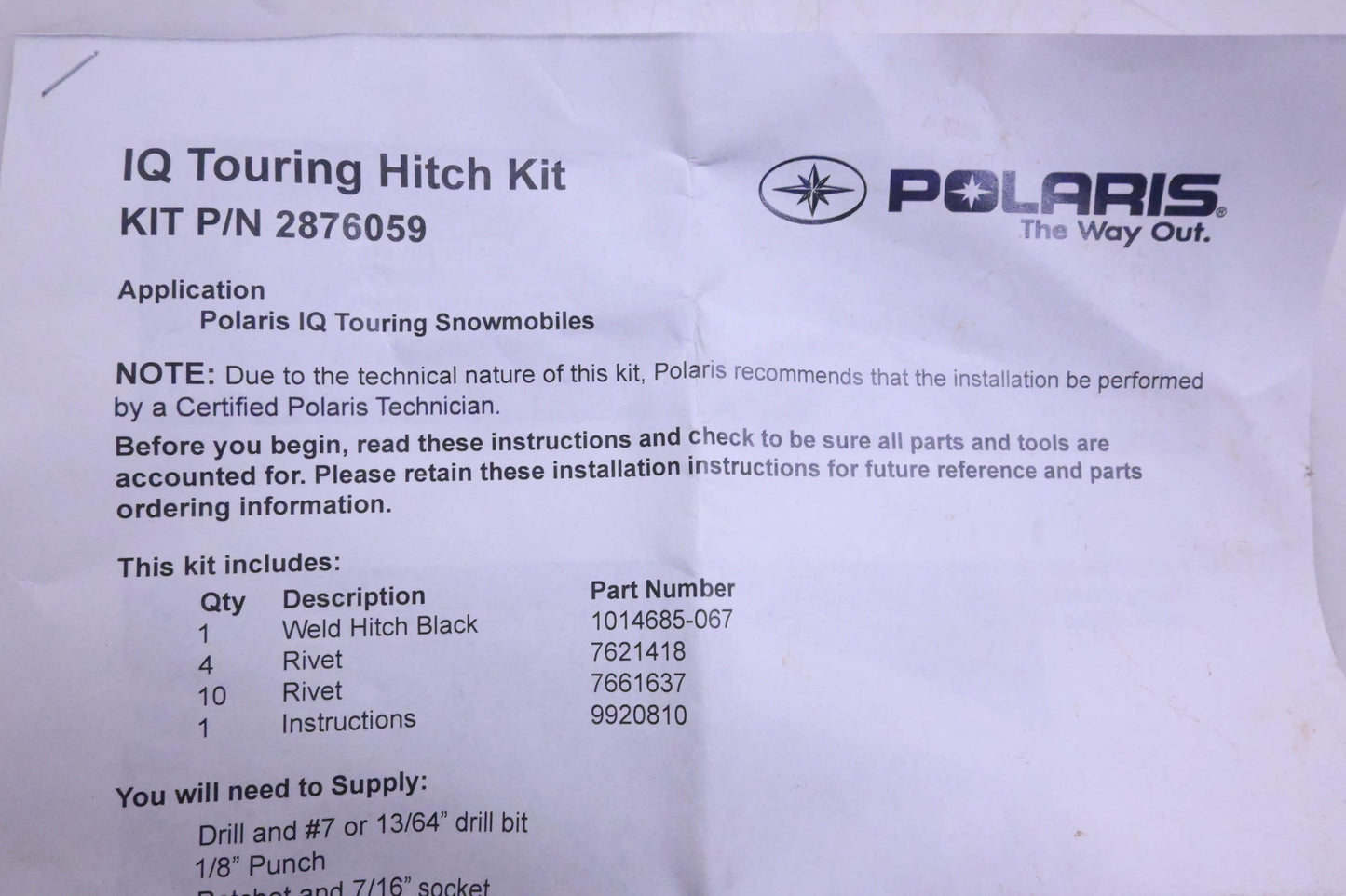 New OEM Polaris 2876059 IQ Touring Hitch Kit NOS