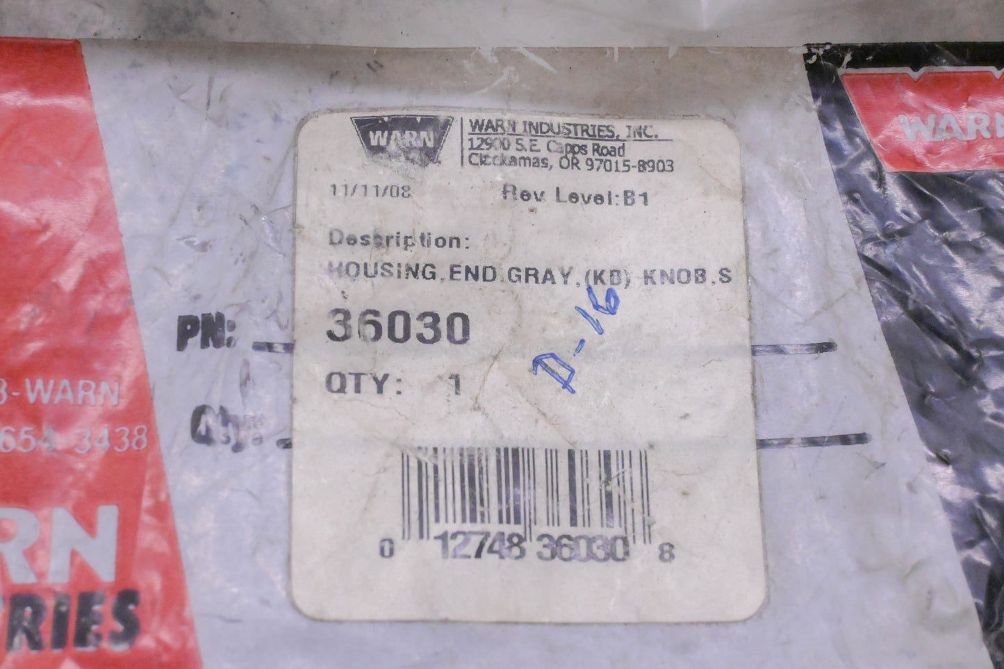 Warn 36030 Gray End Housing Knob NOS