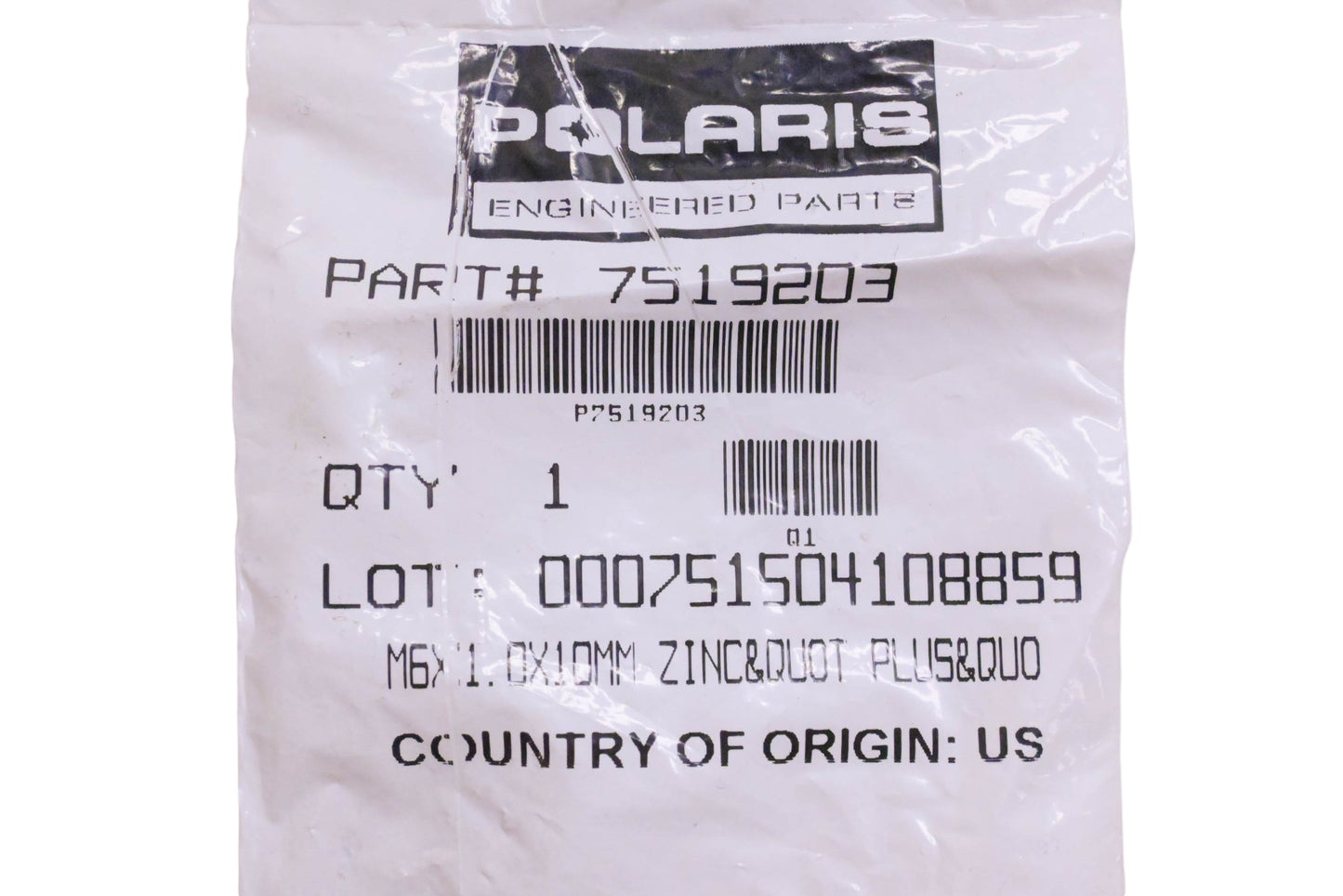 New OEM Polaris 7519203 Black Hexagon Screw M6X1.0X10MM NOS