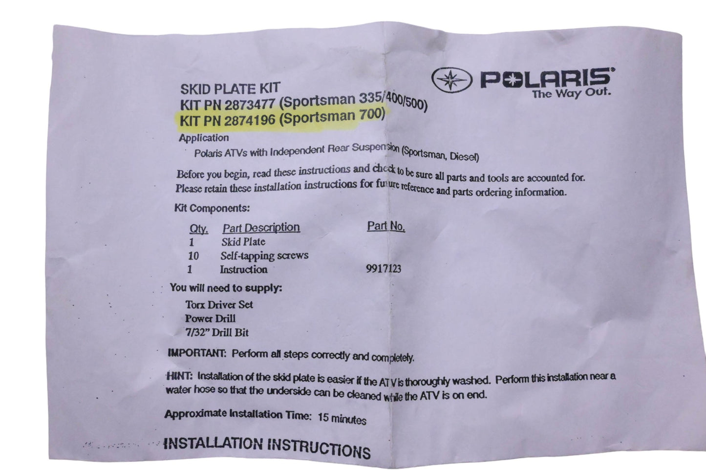 OEM Polaris 2873477, PP2874196-070 Black Skid Plate Kit
