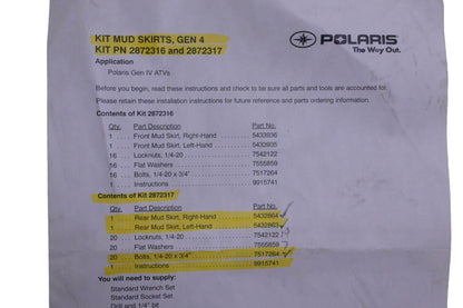New OEM Polaris 2872317, 5432864, 5432863 Rear Mud Skirt Skirts Kit NOS