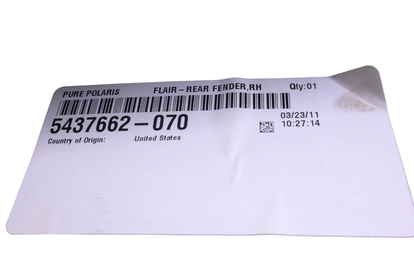 New OEM Polaris 5437662-070 Black Right Rear Fender Flare NOS
