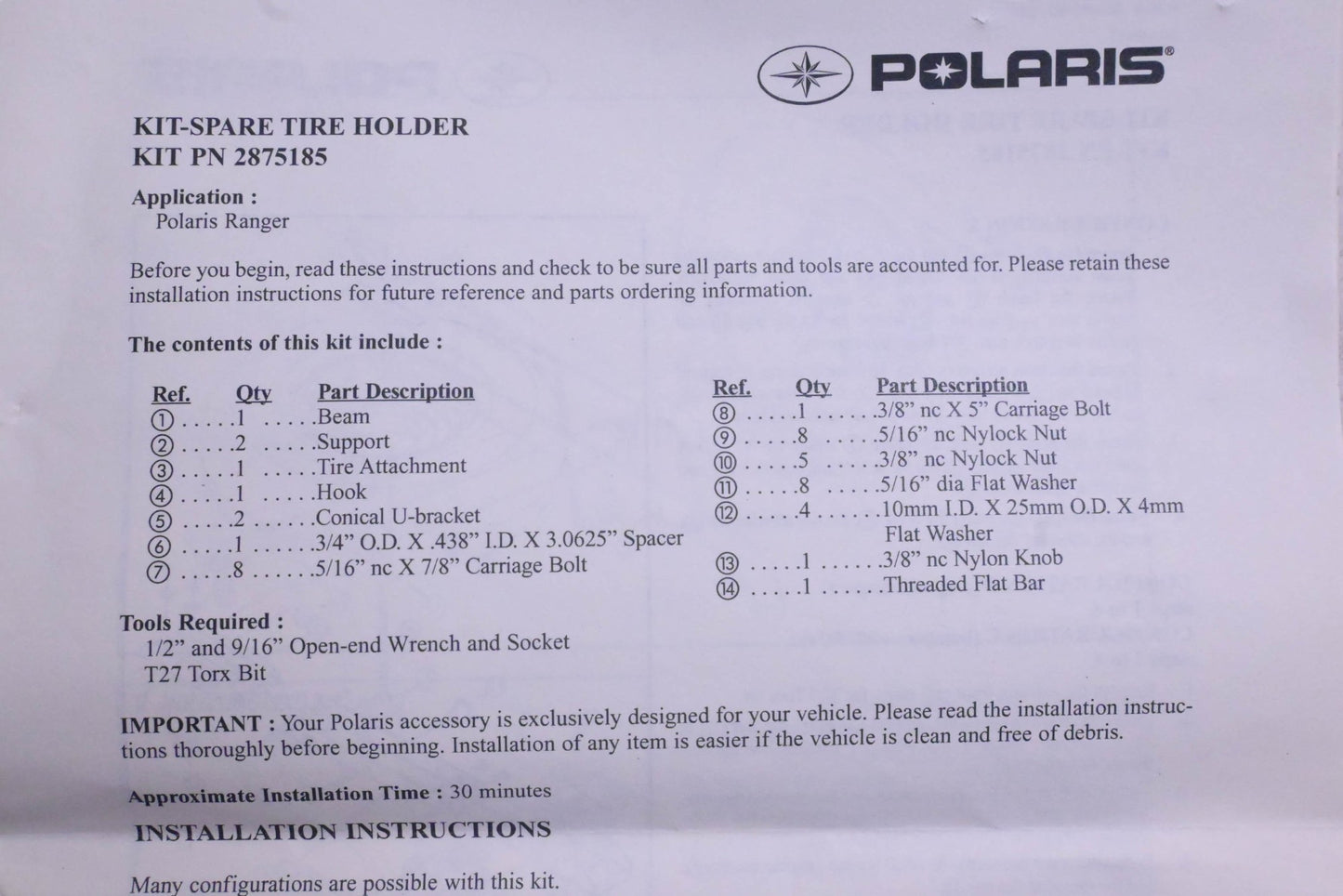 New OEM Polaris 2875185 Spare Tire Holder NOS