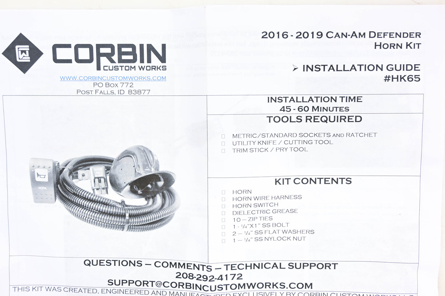 Corbin HK65, HK-65 2016-19 Can-Am Maverick Horn Kit NOS